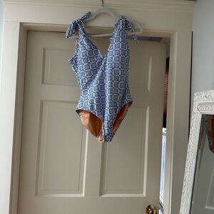 J. Crew blue and white Tie-shoulder swimsuit